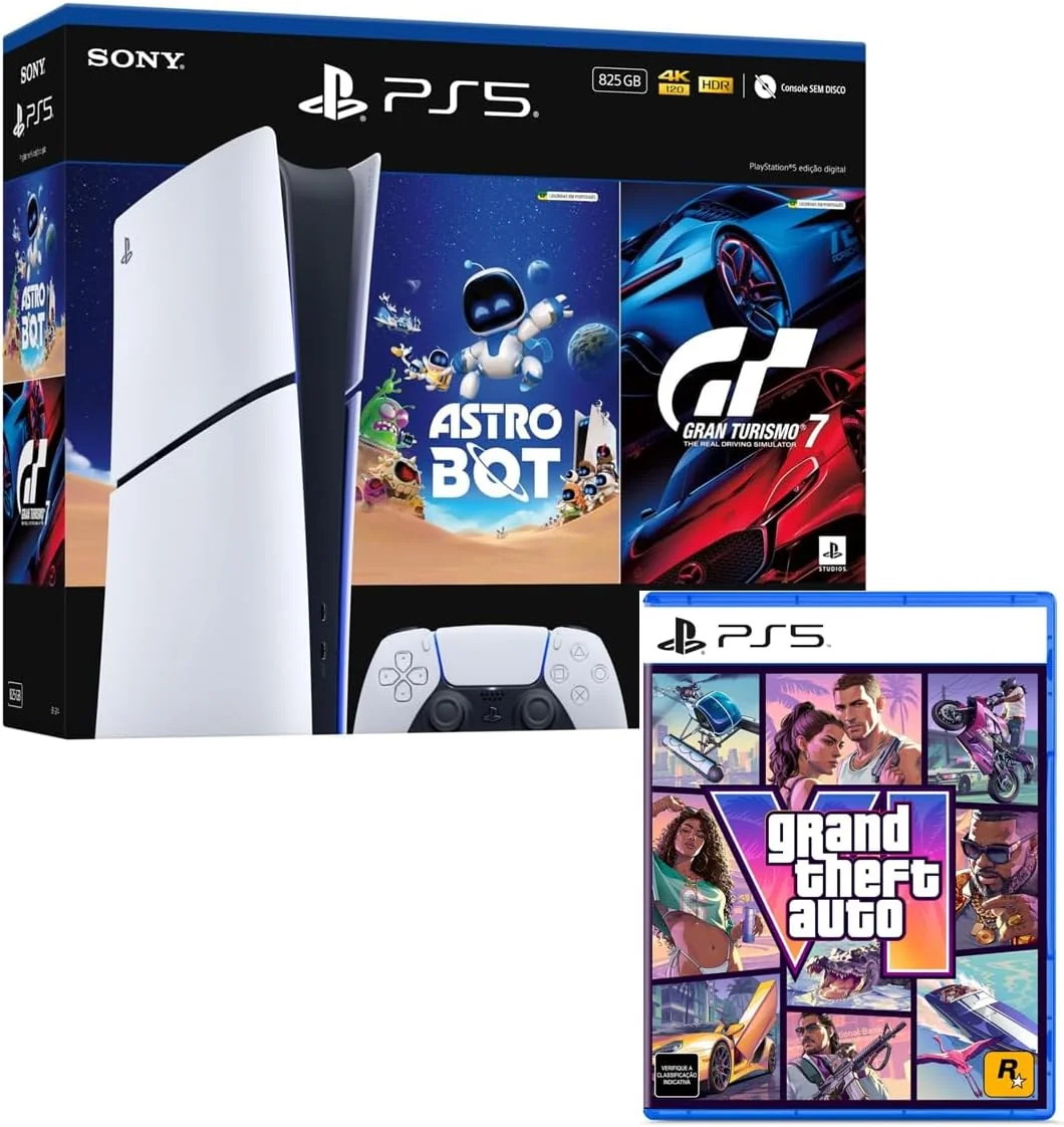 Kit com videogame PlayStation 5 e GTA VI, Astro Bot e Gran Turismo 7