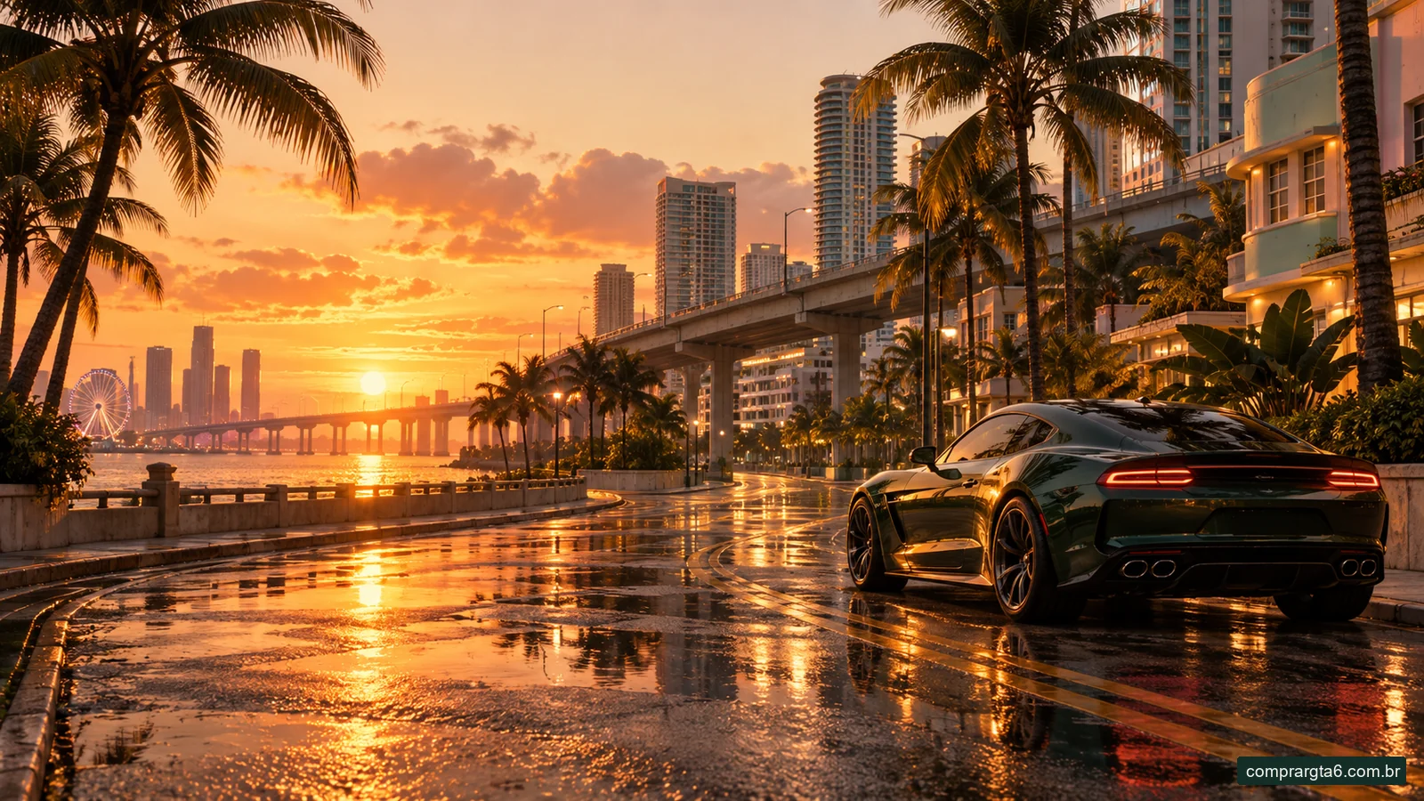 Ilustração de avenida costeira com palmeiras e carro esportivo ao pôr do sol